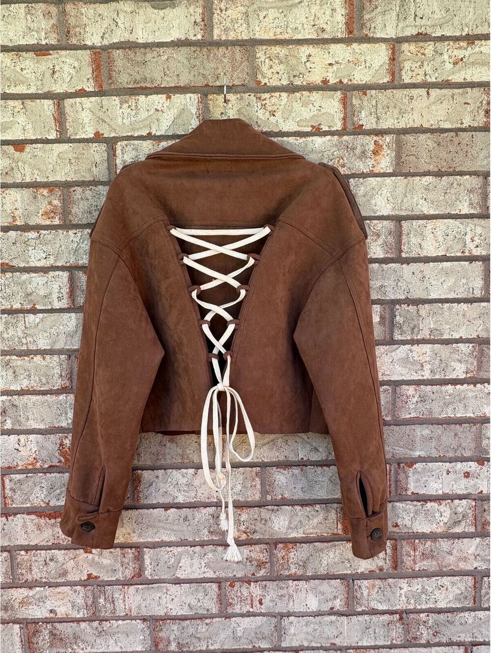 POL Brown Faux Suede Cropped Jacket Corset Lace Back Boho Western Festival